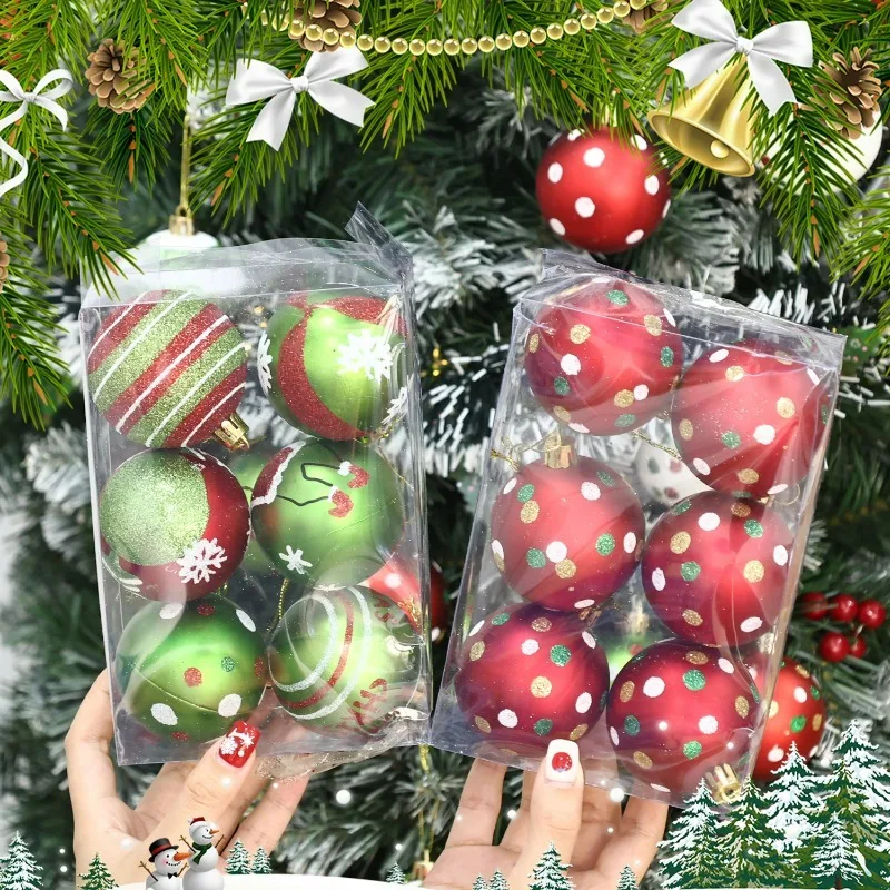 6-30Pcs Red Green Christmas Ball Ornaments Glittering Plastic Hanging Decorations White Spiral Spot Painting Balls for Xmas Tree