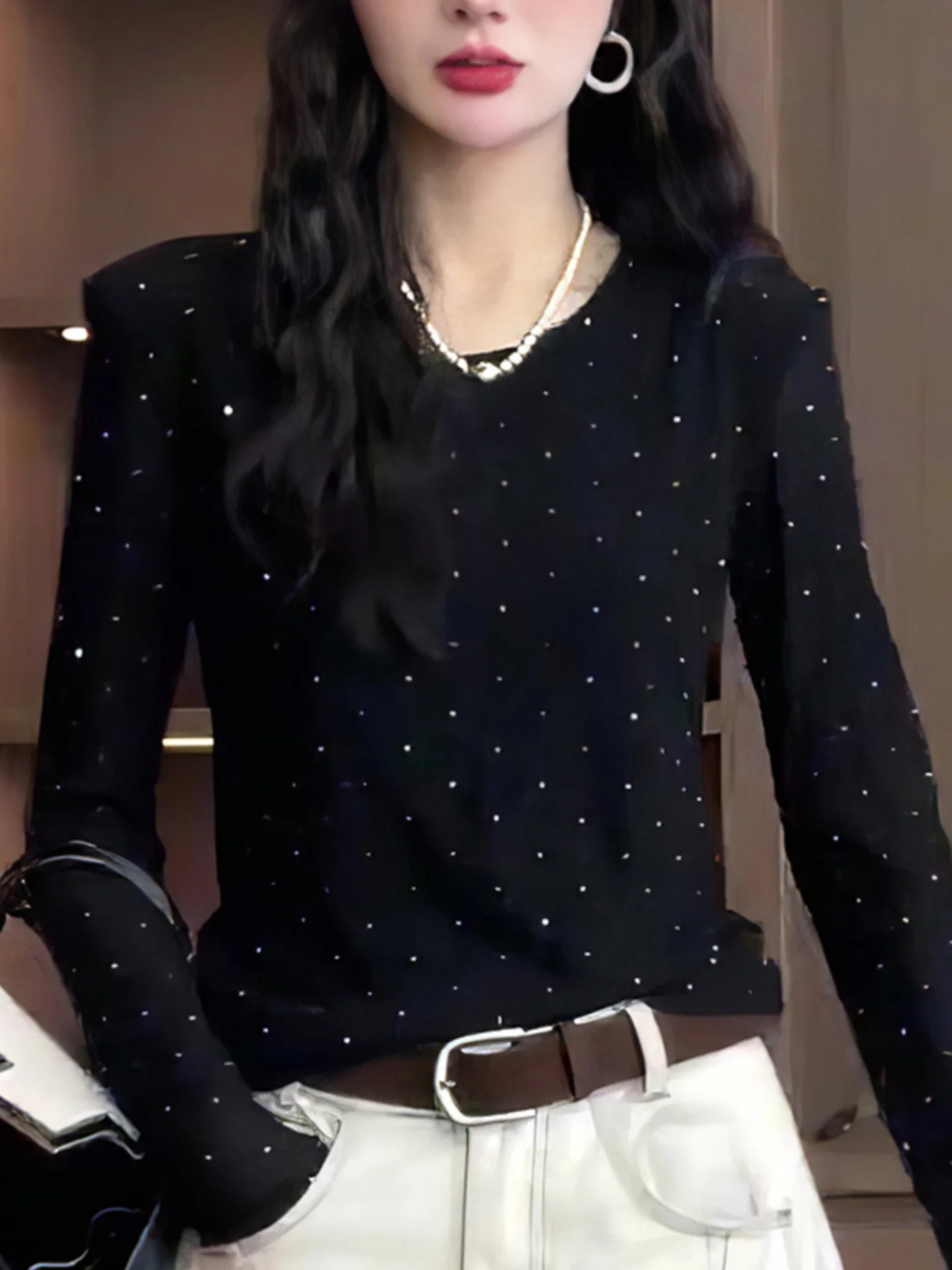 

Осенний женский топ с длинным рукавом в горошек, приталенный, с цветовыми блоками, модная утягивающая футболка в корейском стиле для повседневной носки