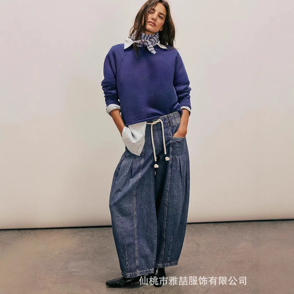 Women's New Spring Fashion Drawstring Low-rise Denim Straight Leg Pants. Casual, Vintage Loose and Comfortable Tube Jeans Women