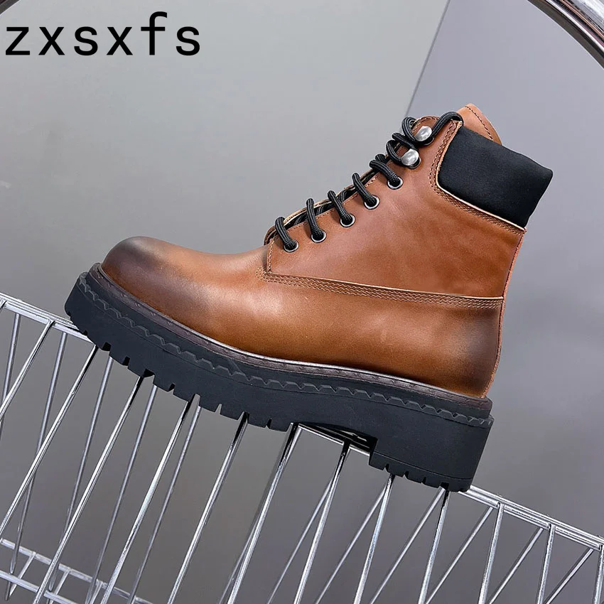 

Real Leather Thick Sole Motorcycle Boots Woman Round Toe Lace Up Winter Shoes Woman Flat Platform Ankle Chelsea Boots For Women