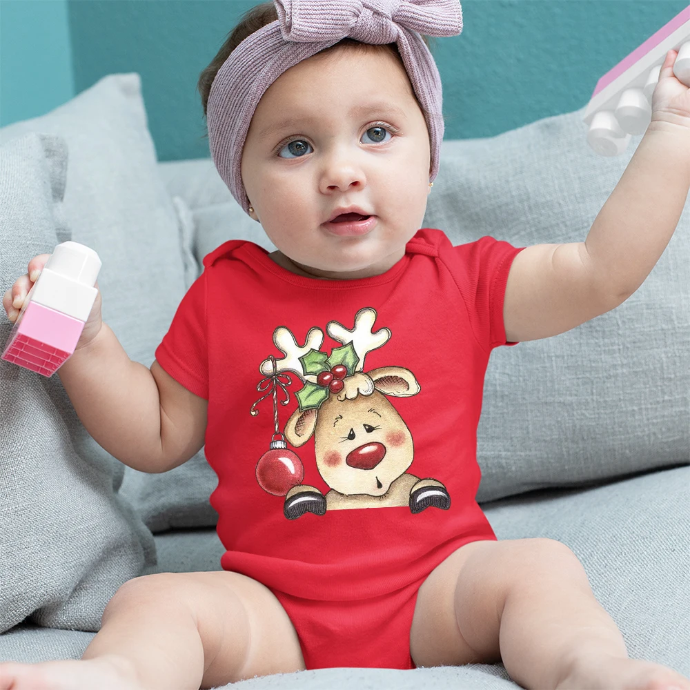 My First Christmas Baby Girl Clothes Kawaii Reindeer Print Cartoon Newborn Onesies Pajamas Red Xmas Comfy Soft Infant Outfits