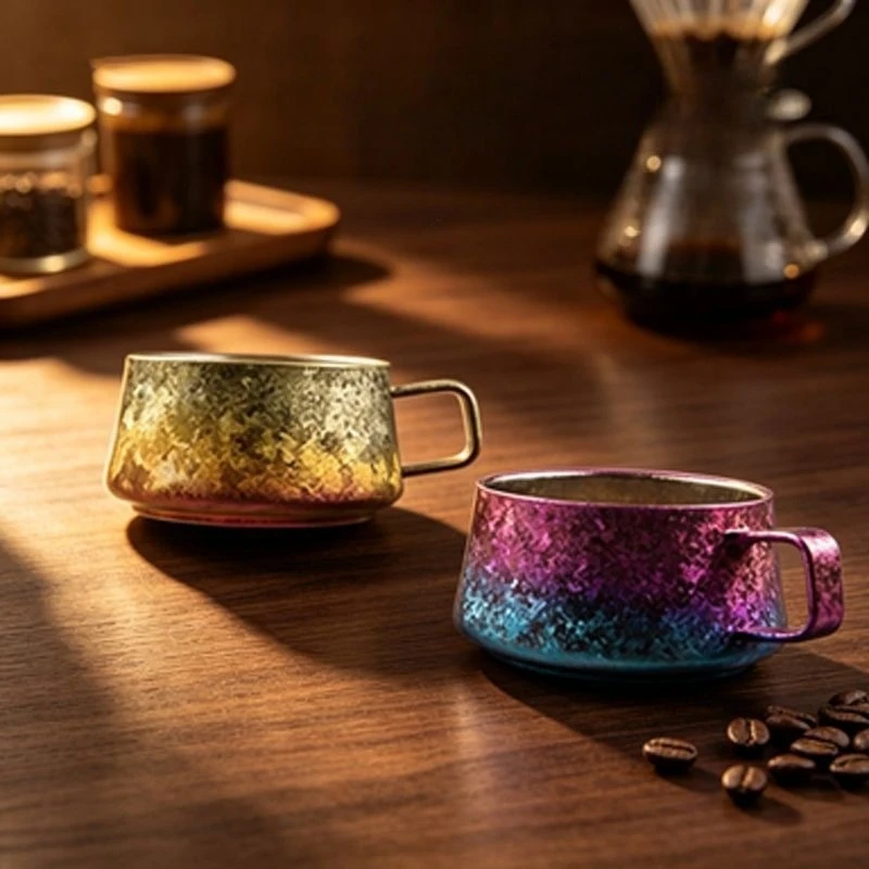 JUSTINLAU Double Wall Titanium Coffee Mug Gradient Color 200ml Insulated Coffee Cup Portable Handled Mug For Home Office