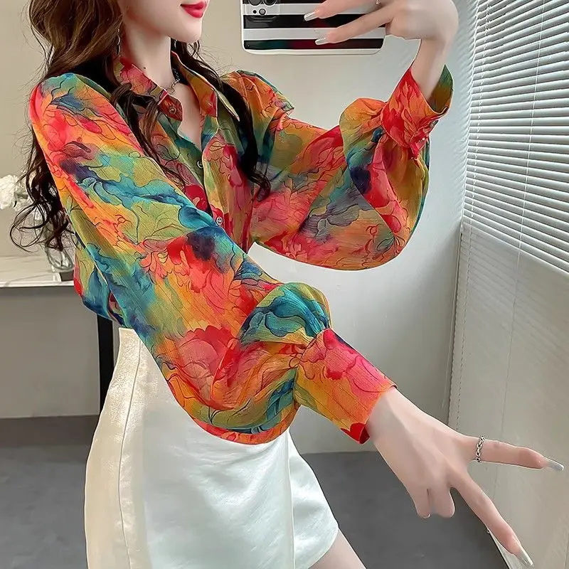 2024 New Summer Oversized High Waist Chic Bohemian Retro Office Lady Women\'s Shirt Irregular Print V Neck Long Sleeve Y2K Tops