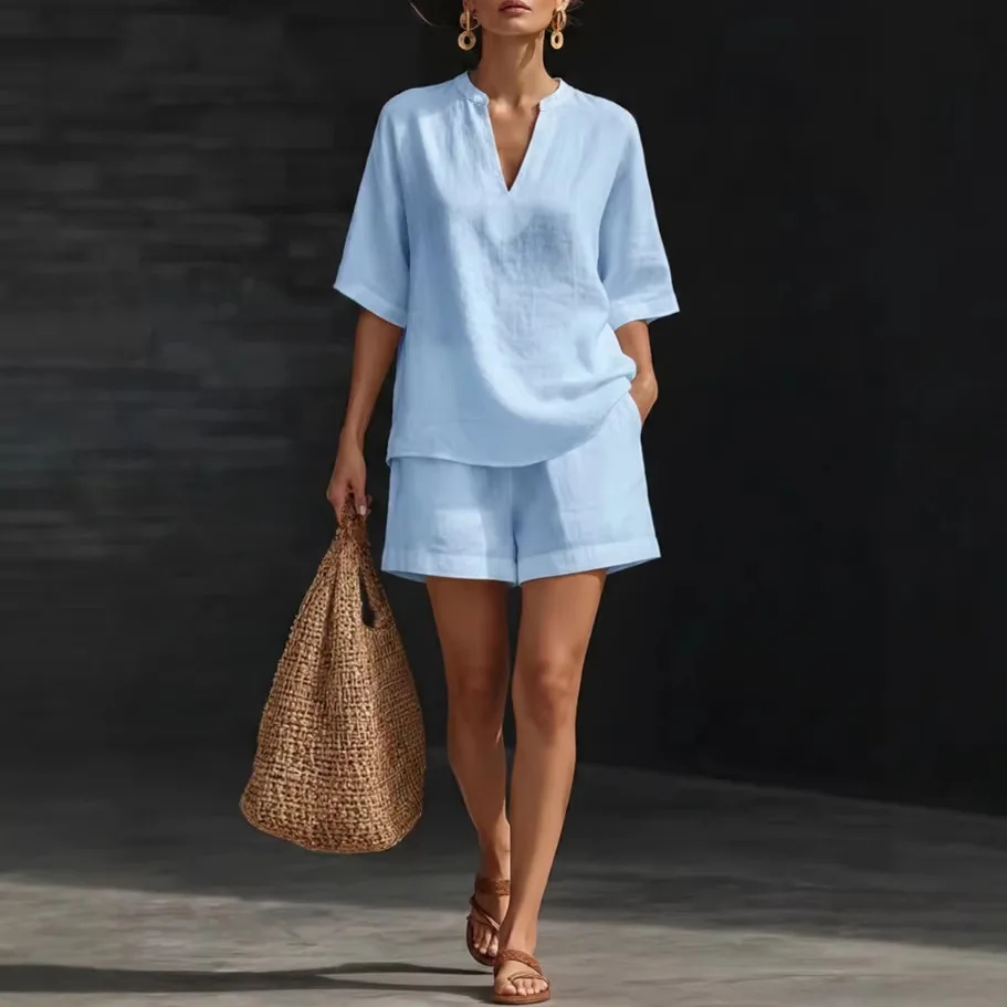 

Женские повседневные костюмы: модный комплект из двух предметов, весна-лето, хлопок и лен, свободная блузка с длинным рукавом на завязках, шорты с рюшами