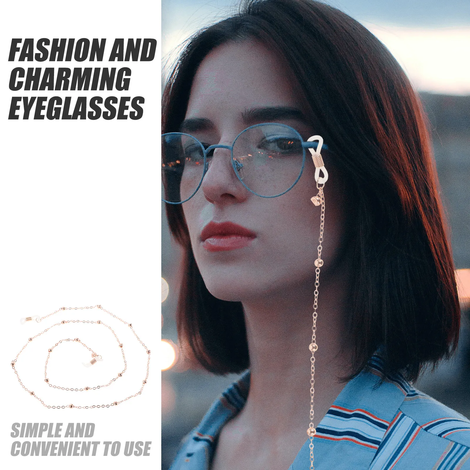 Women Eyeglass Chain Rose Gold Alloy Eyewear Strap Glasses Holder Cord Anti-Slip Eyeglasses String Retainer for Sports Hiking