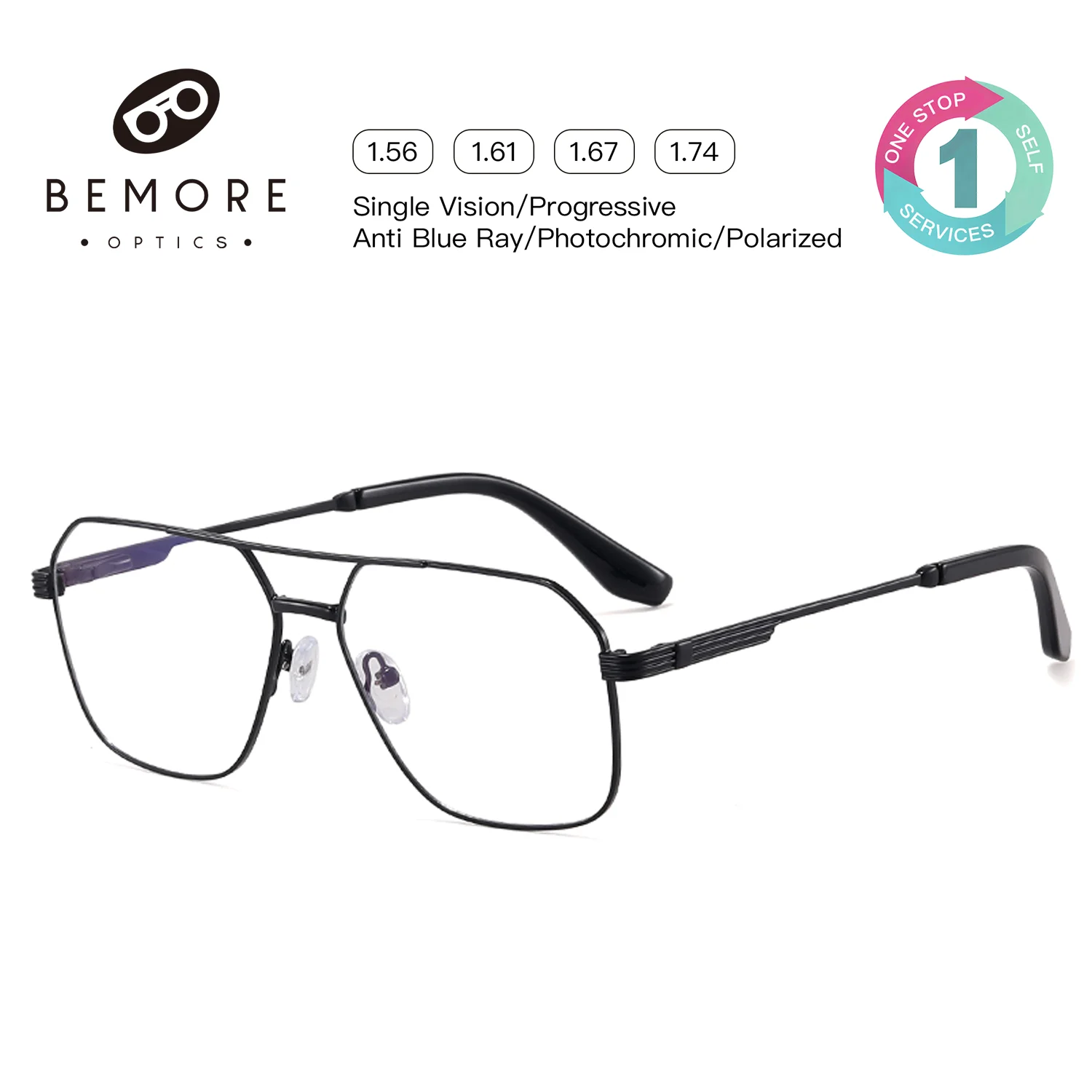 BEMORE Pilot Man Anti-Blue Light Diopter 0 to +-400 Metal Medical Reading Eyeglasses Be Customizable Prescription