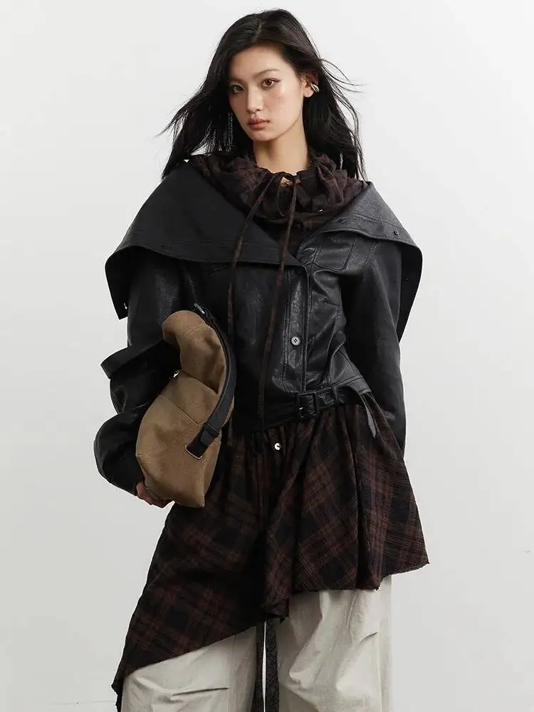 

HUISONG Black Plaid Irregular Big Size PU Leather Jacket New Lapel Long Sleeve Women Coat Fashion Tide Spring Autumn 2025