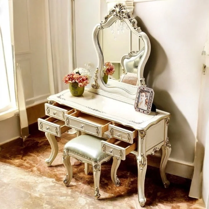 Luxury French Style Wood Vanity Table Set with Mirror Stool Elegant Dressing Table for Bedroom or Hotel Appartement Use