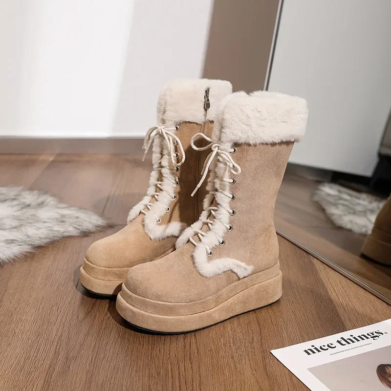 Winter zipper women's cream thick sole wool warm mid-tube fashion snow boots Fashion non-slip women's casual Doc Martens boots