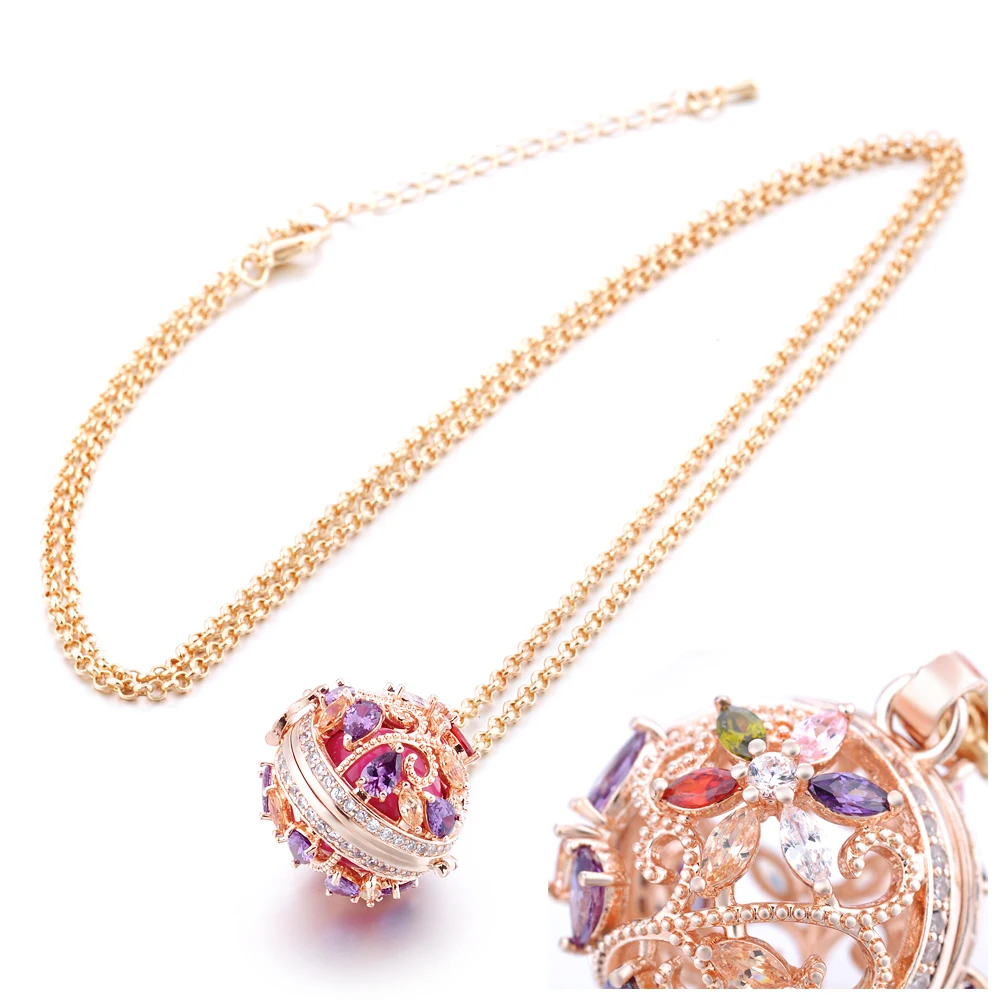 Angel Ball Necklace for Women Flower Ball Harmony with Multicolor Cubic Zircon Crystal with 80cm Stainless Steel Sweater Chain