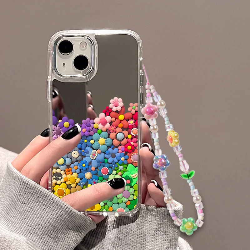 Kolorowa bransoletka z lusterkiem do makijażu Etui na telefon ze smyczą do iPhone'a 13 Pro Max Etui na iPhone'a 15 12 11 14 13 Pro X XS XR Cover
