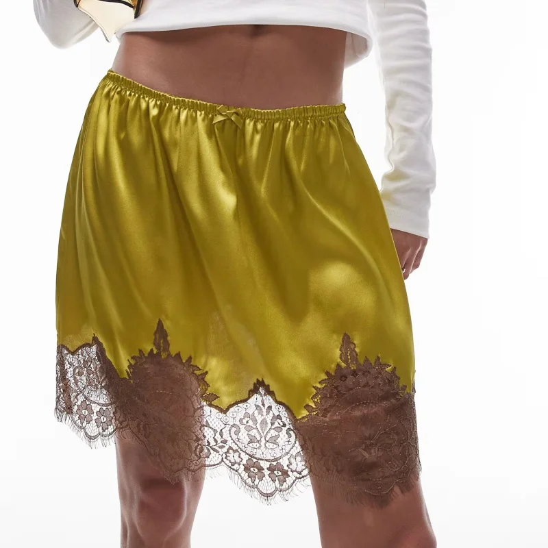 Women Lace Silk Satin Slip Skirt Low Rise Layered Underskirts Ruffle A Line Mini Skirts Y2k High Flowy Half Slips Under Dress