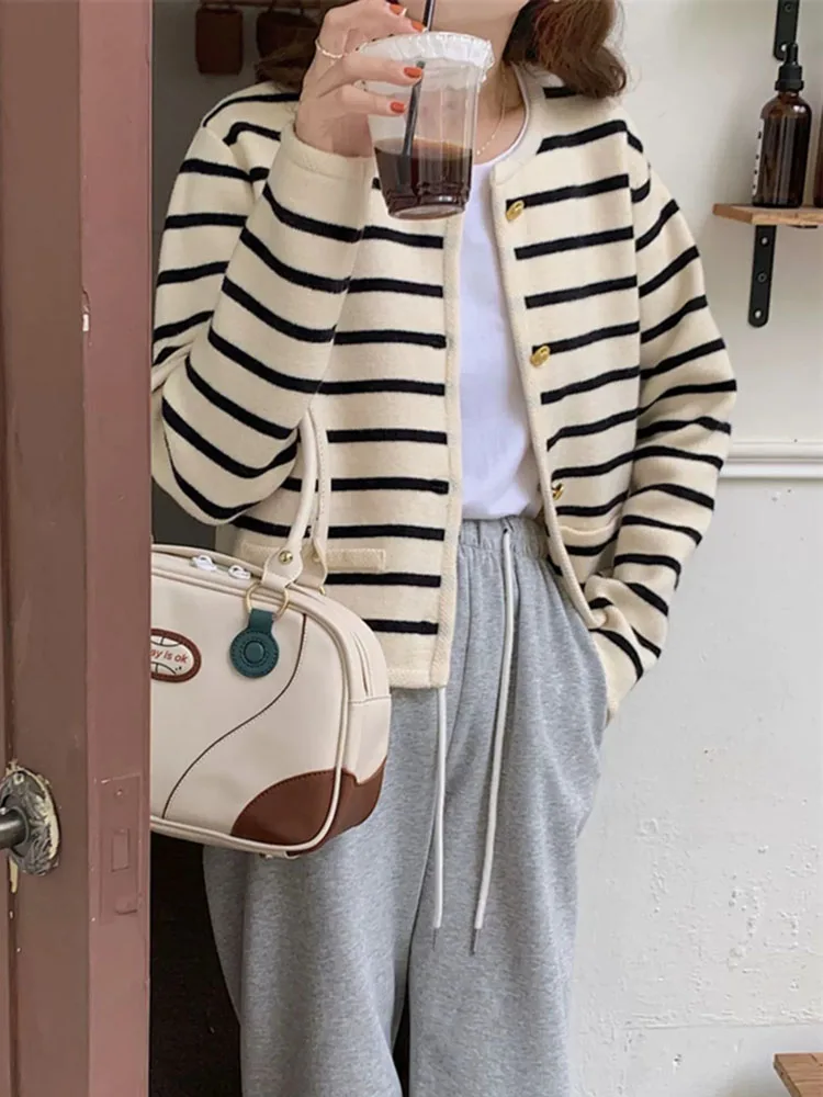 Jmprs Striped Sweet Cardigan Sweater Women Long Sleeve Elegant Knitted Tops Casual Korean O Neck Vintage Fall Lazy Wind Cardigan