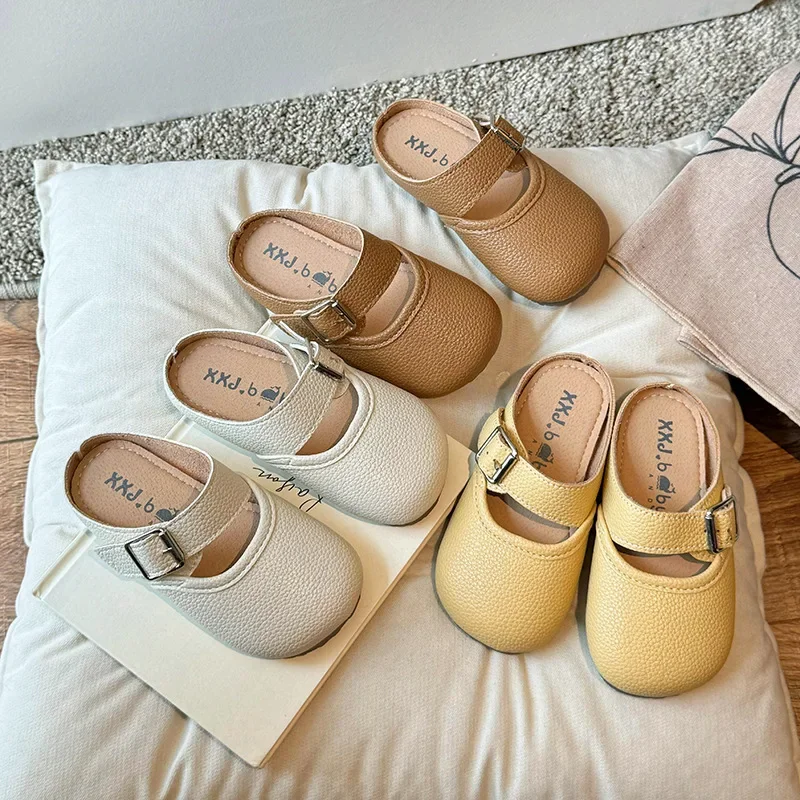 

2024 Candy Color Girls Summer Slippers Soft PU Leather Children Beach Shoes Slip-on Princess Child Slipper