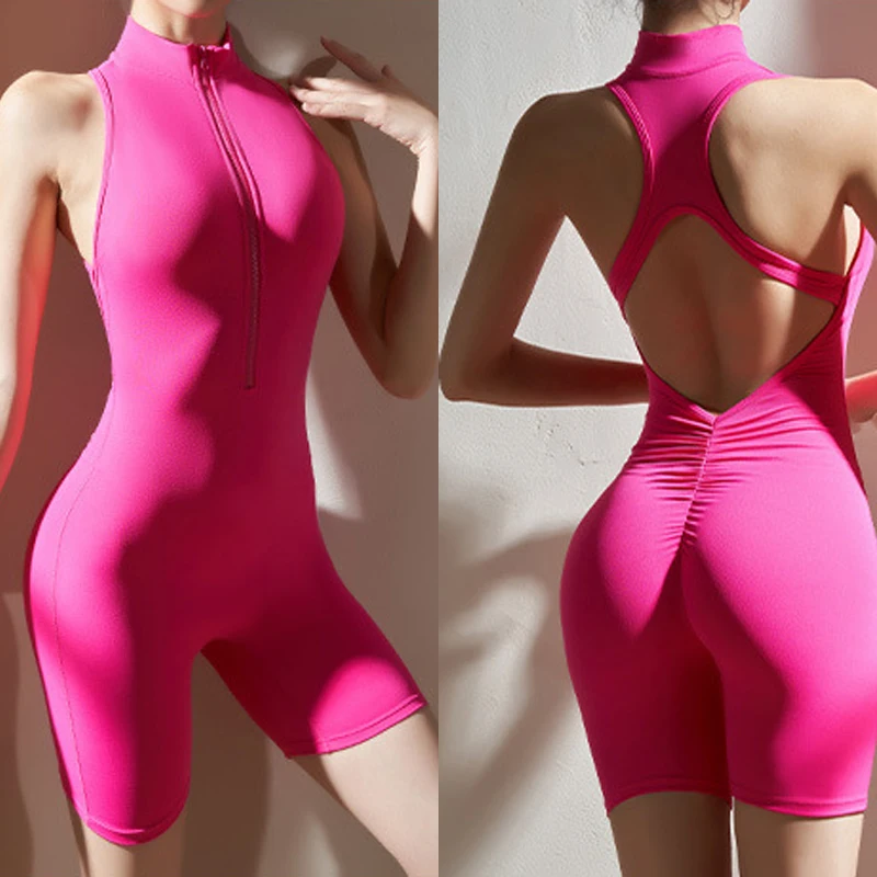 

Zip Back Yoga Wear Bodysuit Tight Peach Lift Hip Sports Fitness Shorts Set