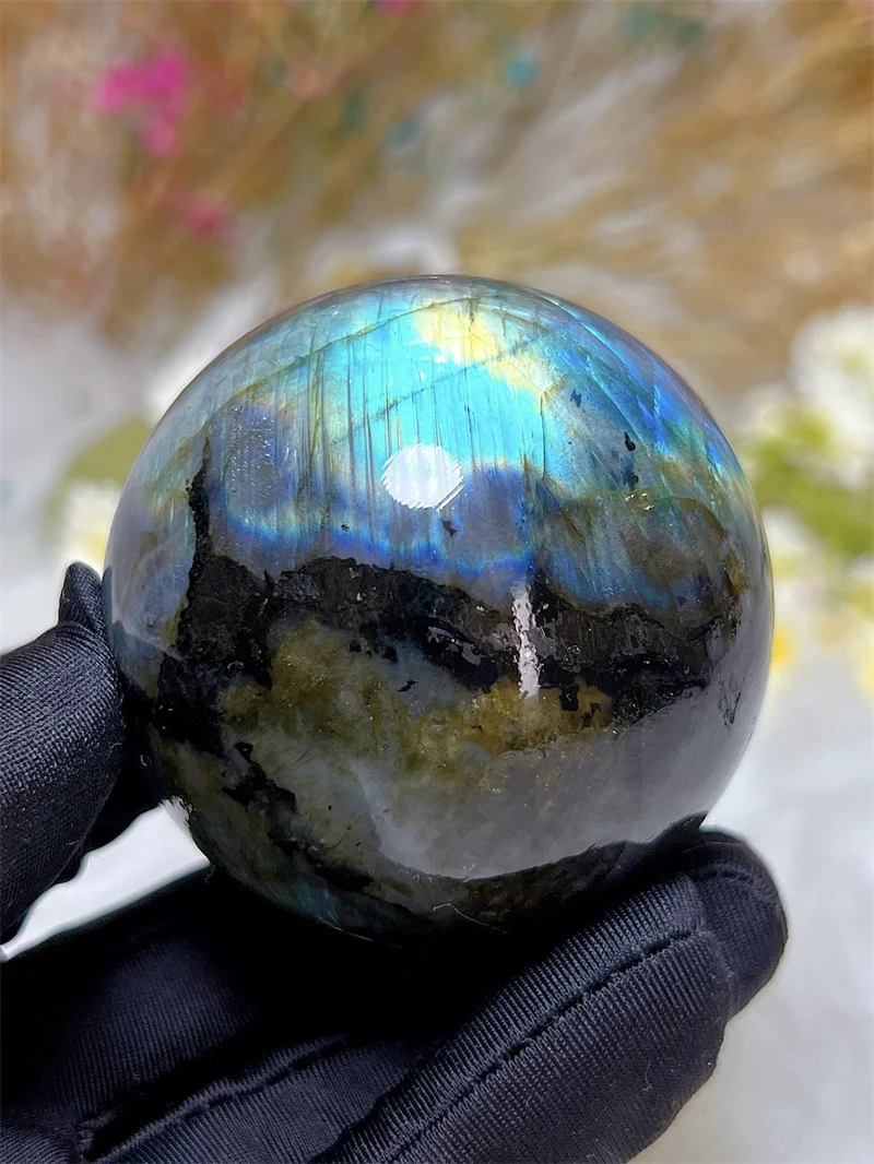 Natura Crystal Blue Labradorite SPhere With Rain Bow Free Form  Carving Reiki Healing Stone Home Decoration Exquisite Gift