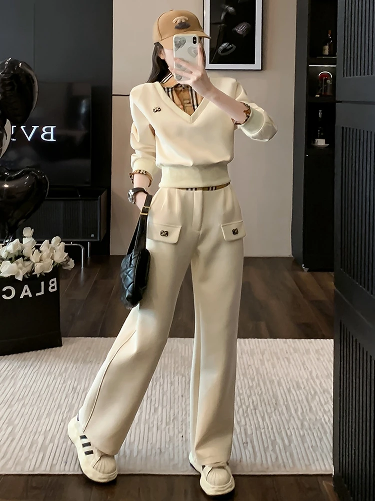 Korean Version of European Casual Sports set for Women\'s Spring and Autumn new Fashionable High-end Fake two-Piece Wide leg Pant