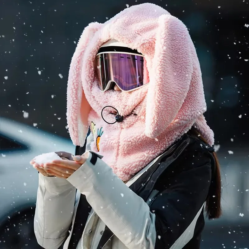 Decorative Bunny Ears Ski Helmet Cover Winter Warm Wool Ski Hat Scarf Set Cute Cartoon Windproof Cold Weather Outdoor Headwear