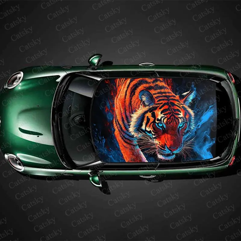 Blue Eyed Galaxy Tiger Print Car Roof Sticker Wrap Racing SUV Auto Accessories Packaging PVC Car Hood Graphic Decal Decoration