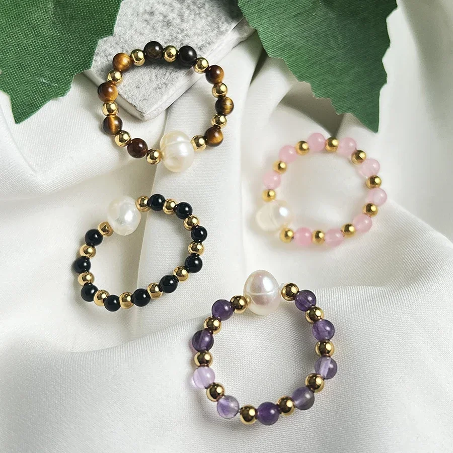 New Natural Stone Freshwater Pearl Ring Wedding Jewelry Handmade Gift Heart Shaped Flower Ladies Ring Stainless Steel Beads image 4