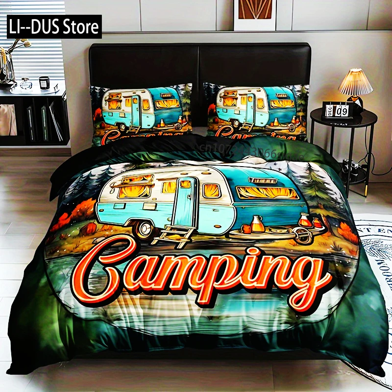 Camping Car Letter Print Bedding Set: (1 Duvet Cover + 2 Pillow Cases) - No Pillow Inserts Included Queen Size For All Season