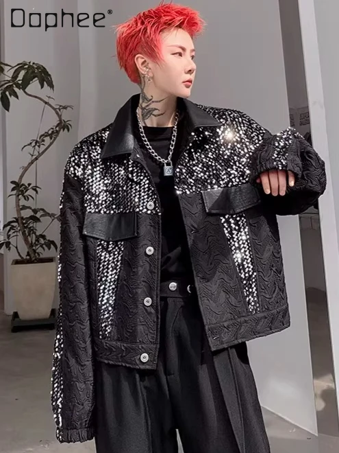 

Trendy Heavy Craft Beaded Patchwork Jacket Men's High-End Short Street Personality Cool Handsome Turn-Down Collar Jacket Men