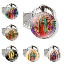 Keychain Handmade Glass Cabochon Key Ring Holder Pendant Key Chains Virgin De Guadalupe Virgen Mary