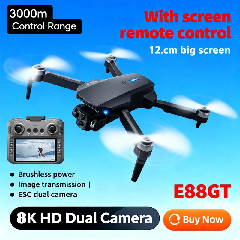 

New E88GT Brushless Drone Dual HD 8K Cameras LED Night Light Foldable Arms WiFi FPV Quadcopter for Aerial Photography and Travel