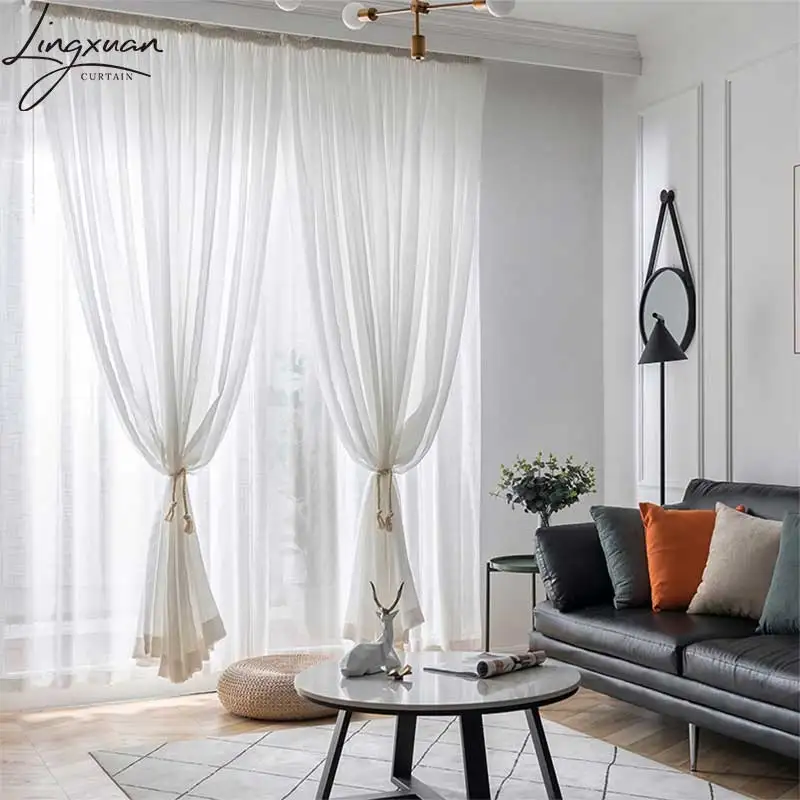 Modern Sheer Curtains For Living Room Bedroom Window Solid Color Linen Tulle Curtain Wedding Curtain Home Voile Party Drape Door