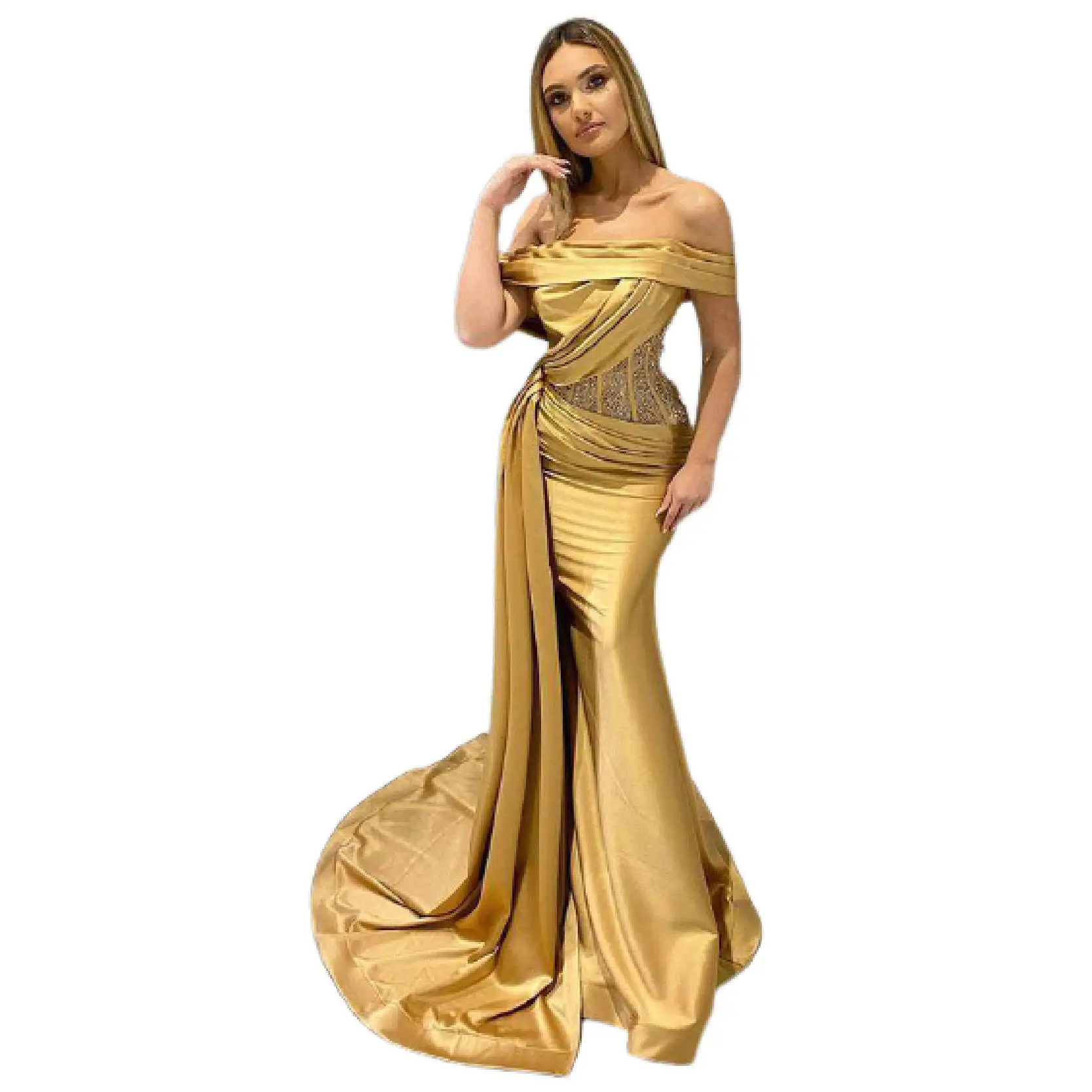 2021 Autumn New Gold Formal Party Satin Evening Gowns Sequins Irregular Full Length Celebrity Dresses Wedding Cocktail Prom Robe