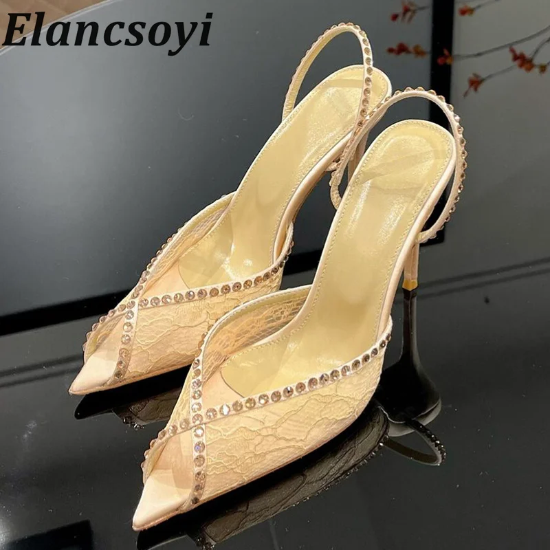 Summer Pointed Toe Exposed Toe Lace Fabric Sandals Women Shiny Crystal Decoration Back Strap Sandalias Banquet Elegant Shoes