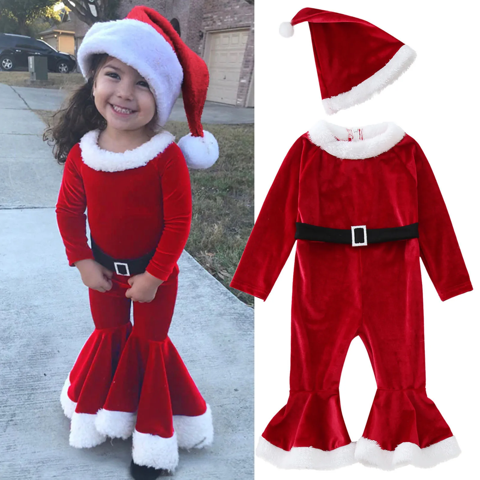 Toddler Girls Red Plush Romper Christmas Long Sleeve Fleece Romper Bell Bottoms Flare Jumpsuit Hat Set 1~6years 2t 3t 4t 5t Girl