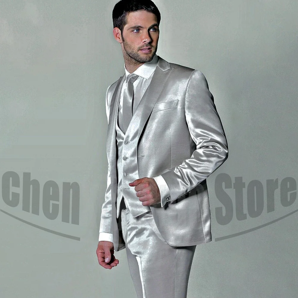 Men's Satin Three Piece Suit Set Shiny Peak Lapel Single Breasted Wear for Wedding Evening Party Prom Slim Fit Formal Tuxedo