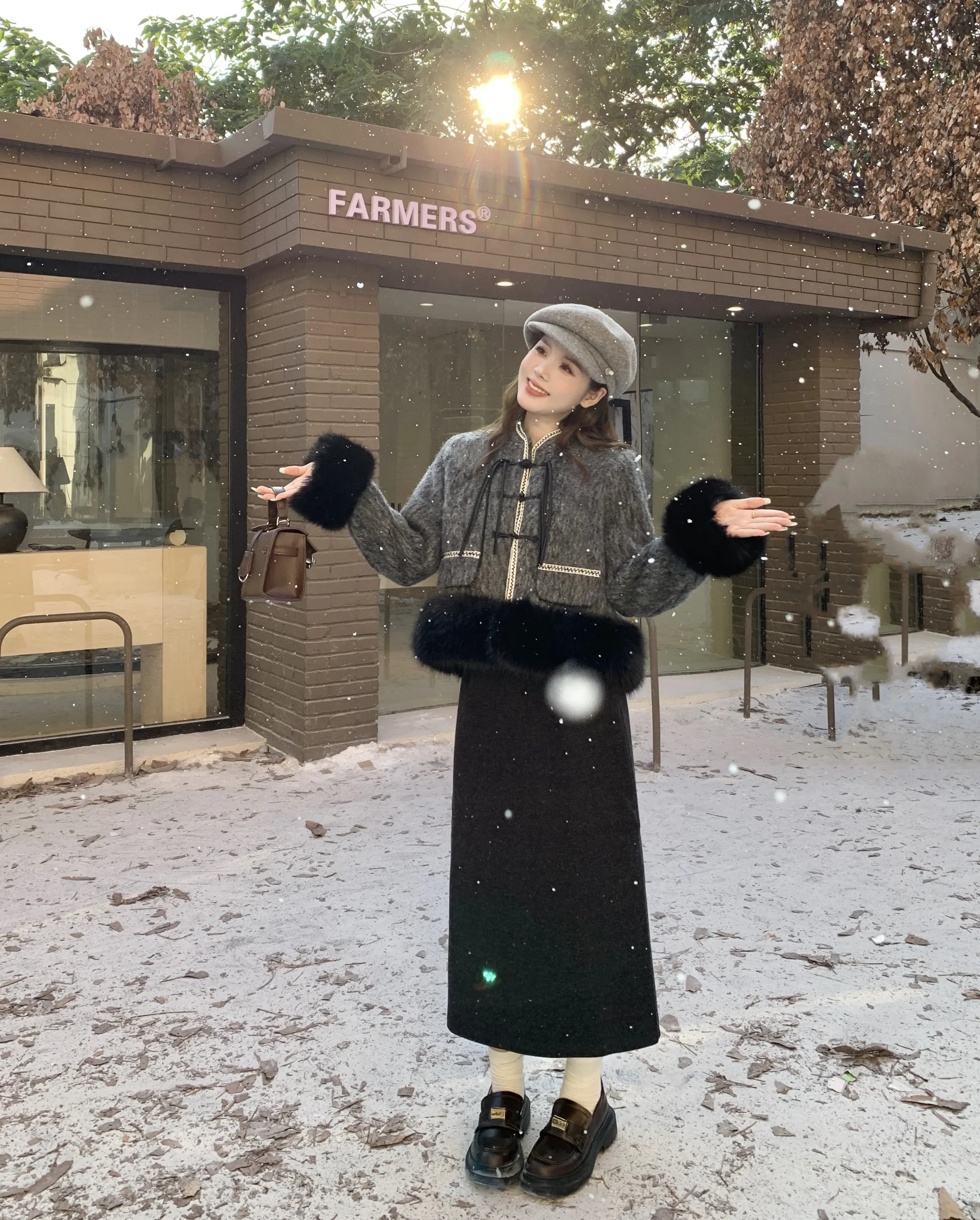 Em estoque: novo estilo chinês acolchoado elegante casaco com acabamento de pele com saia de lã nobre conjunto, feminino senhora do escritório roupas na moda