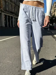 Blue Stripes Drawstring Long Pant Autumn High Waist Casual Loose Trouser Woman Streetwear Preppy Style Sweet Cute Straight Pants