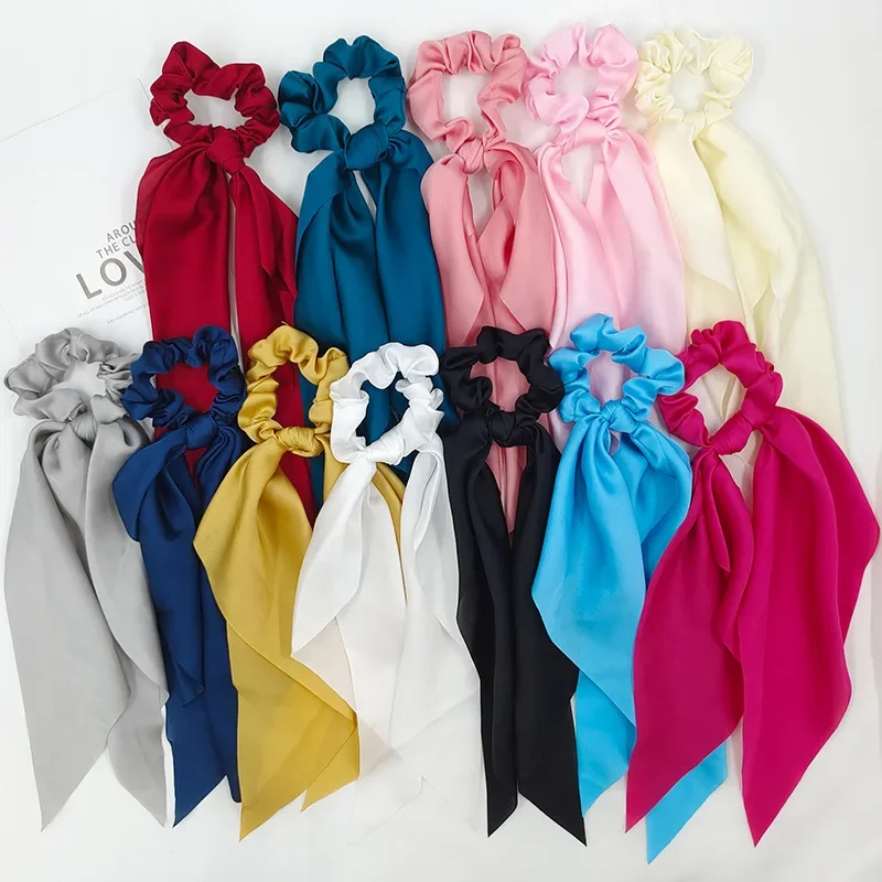 Fashion Solid Color Bow Satin Long Ribbon Ponytail Scarf Hair Ties Scrunchies Women Girls Elastic Hair Bands Sweet Headwear