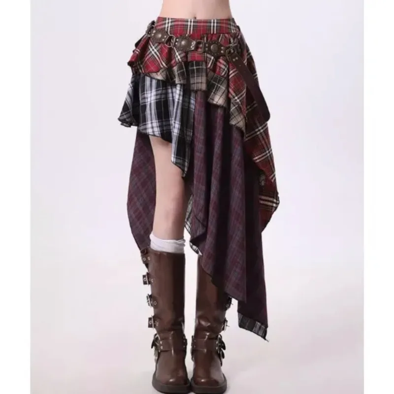 

Women American Plaid Patchwork Irregular Skirt Ruffled Asymmetric Hem Slim Fit A Line Mini Skirt