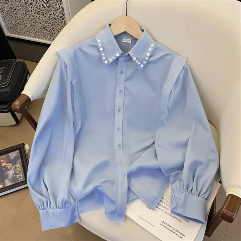 

Women's Shirt Spring and Autumn Long-sleeved Shirts Women's new Beautiful Beaded Polo Collar Loose Casual Shirts Stacked tops