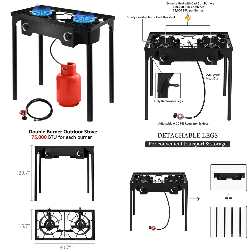 

bbq grillsPortable 2 Burner Propane Grill 150000 BTU Outdoor Camping BBQ Stove High Output Gas Cooker for Picnic Backyard Travel