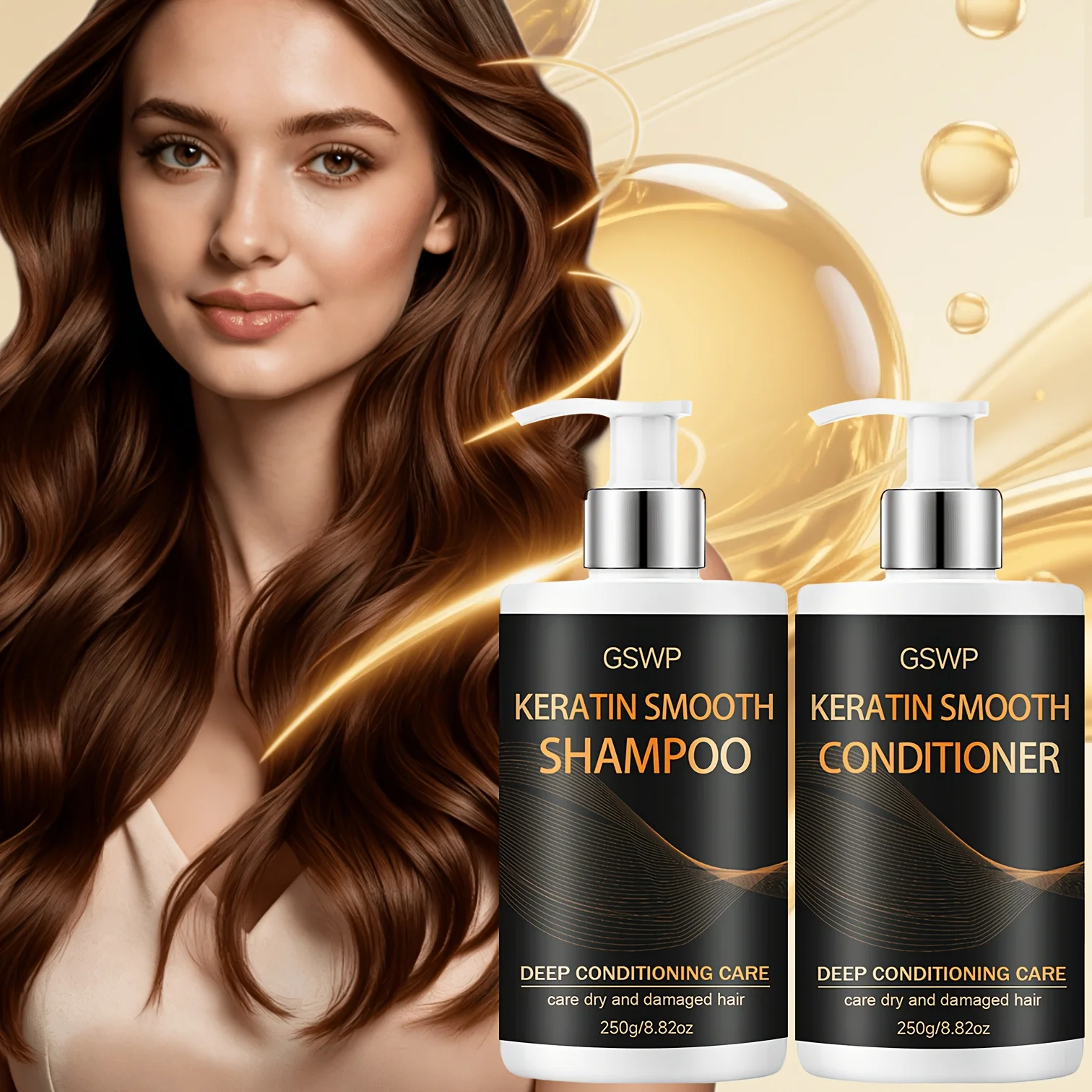 Set de Champú y Acondicionador de Queratina GSWP, Acondicionamiento Profundo del Cabello, Hidratación y Suavizado del Cabello. Reduce el Frizz y Aporta Brillo. 500g