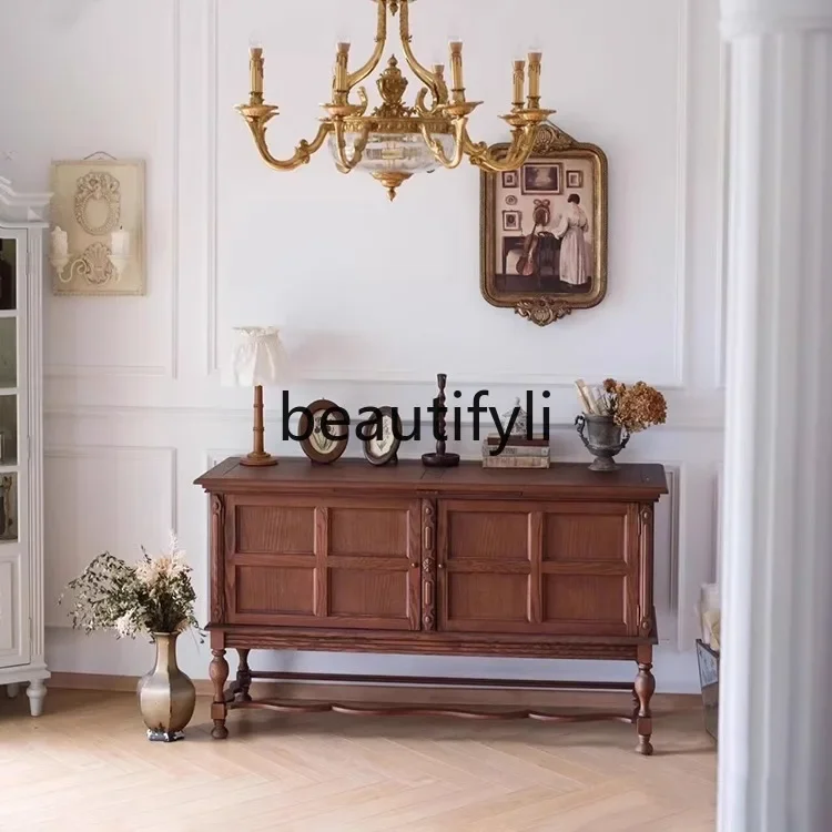 

A16 French medieval style solid wood dining side cabinet ash wood old entrance cabinet retro style locker