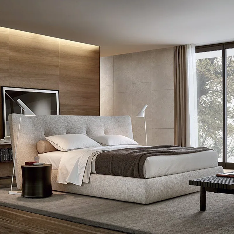 

Italian minimalist widescreen bed villa simple modern master bedroom cotton and linen fabric double bed designer home