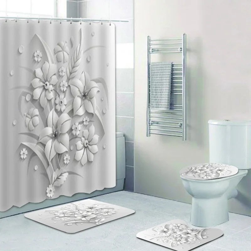 Elegant Bouquet of Fantastic White Flowers 3D Style Shower Curtain Bathroom  with Bath Rug Carpet Set Floral Home Decor