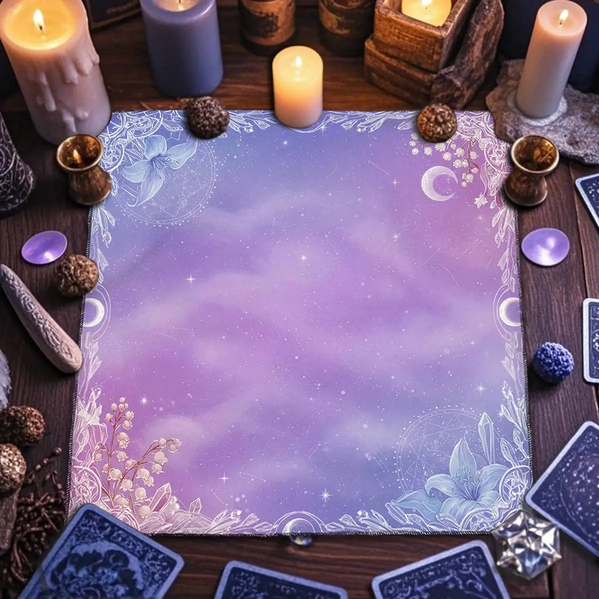 Night Sky Moon Stars Tarot Tablecloth Altar Decor Crystal Flowers & Plants Altar Cloth For Divination Spiritual Oracle Card Pad