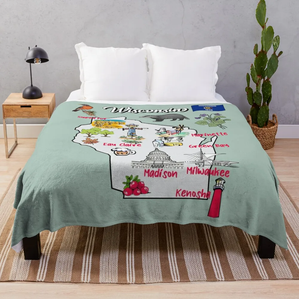 Hand Drawn Illustration of Wisconsin Map with Tourist Destinations, attractions, USA Throw Blanket Plush Warm Blankets