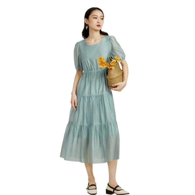 French Style Elegant Long Dress Women Summer Short Sleeve Loose Slim Dress Lady Fashion Ruflles Waist Draw String Dress Vestidos