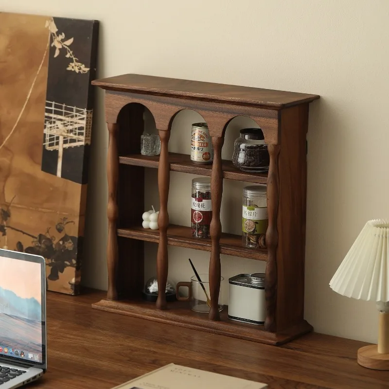 Walnut Wood Storage Shelf Grid Design Anti-slip Base Easy Clean Durable Storage Racks Eco-friendly French Retro Home Storage