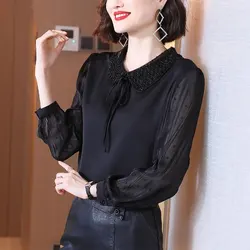 Casual Peter Pan Collar Chic Embroidered Flares Shirt Female Solid Color Spring Autumn Chiffon Spliced Korean Drawstring Blouse