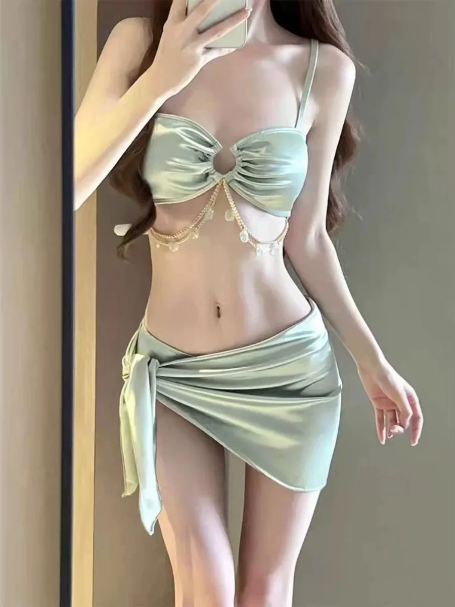 New Trend Korean Style Sexy Bikini Set Bandeau Top Stain High Waist Three-Piece Women Swimwear 2 Piece Swimsuit