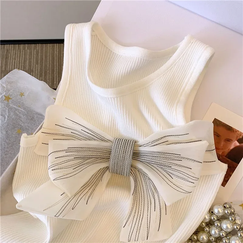 Women Y2k Summer Bow Crop Tops Ropa Mujer O Neck Sleeveless Knitted Vest Slim Fit Temperament Camis Sexy Solid Tanks T Shirts